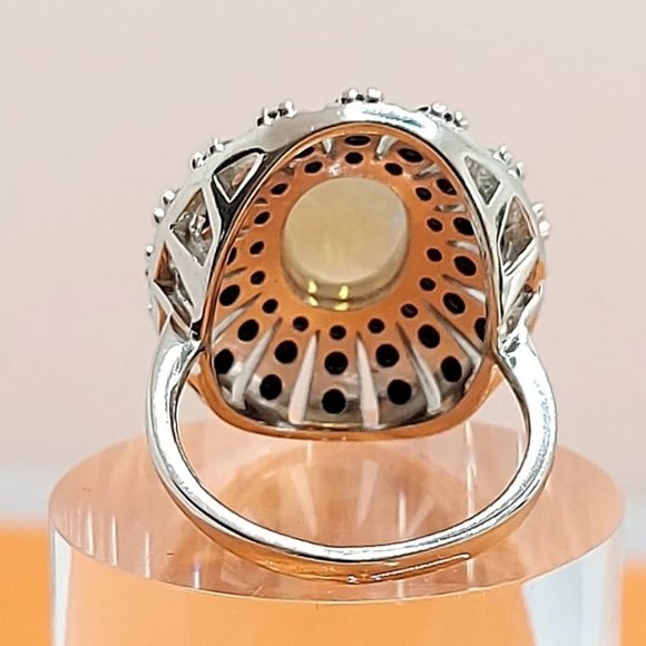 Natural Oval Fire Opal 10x8mm & Black Spinel 925 Sterling Silver Ring 7.25 - Picture 6 of 7